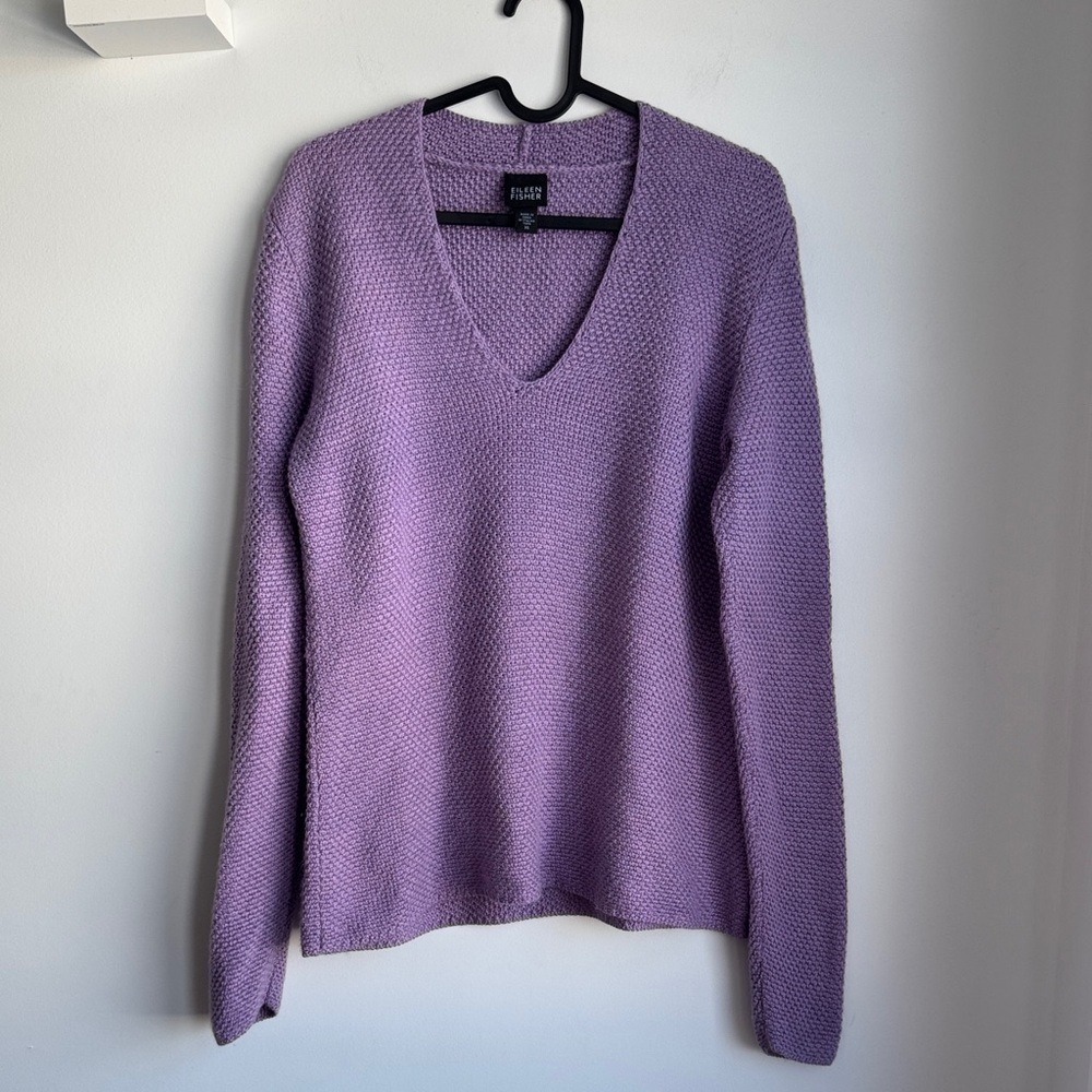 Eileen Fisher Purple V-Neck 100% Merino Wool Knit Sweater